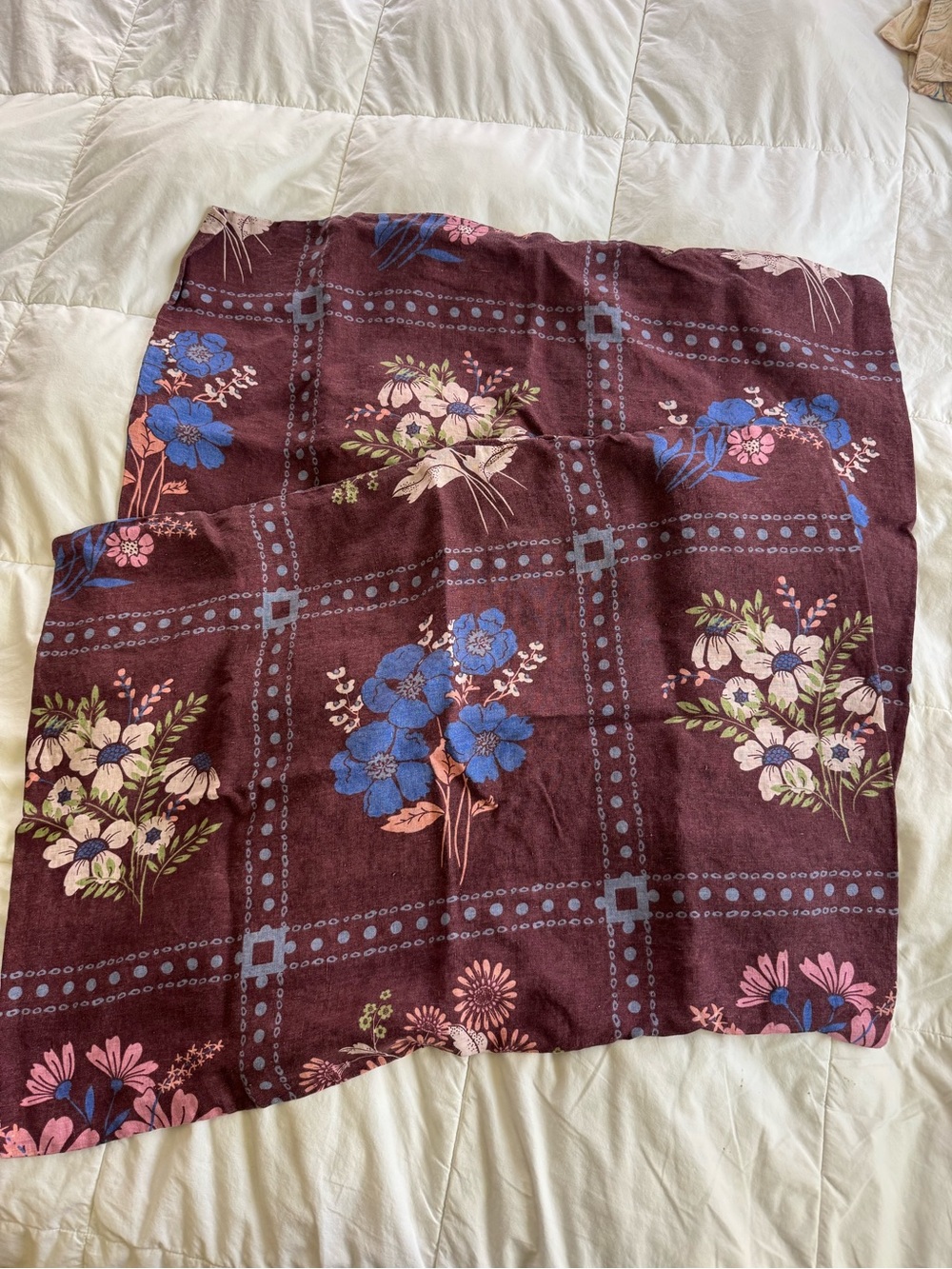 Floral Burgundy Linen Pillowcase set with Blue and Pink Blooms